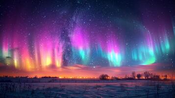 ai gegenereerd kleurrijk Aurora vervelen over- water foto