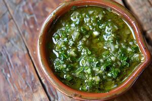 ai gegenereerd chimichurri saus in rustiek schaal. foto