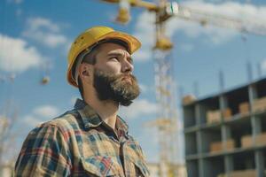 ai gegenereerd zelfverzekerd bouw arbeider Bij industrieel plaats met ai gegenereerd. foto