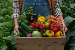 ai gegenereerd biologisch groenten oogst in houten krat met ai gegenereerd. foto