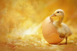 ai gegenereerd pasgeboren eendje opkomend van ei in gouden licht met ai gegenereerd. foto