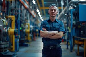 ai gegenereerd zelfverzekerd ingenieur staand in industrieel faciliteit met ai gegenereerd. foto