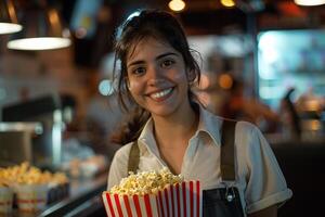 ai gegenereerd gelukkig werknemer portie popcorn Bij bioscoop. foto