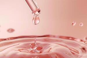 ai gegenereerd pipet met serum druppeltje over- roze vloeistof oppervlakte met ai gegenereerd. foto