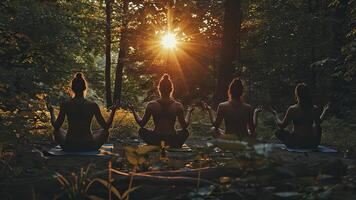 ai gegenereerd groep van mensen aan het doen yoga in de natuur, yoga tijd in de natuurlijk, mensen ontspannende in de natuur, groep van mensen aan het doen yoga oefening foto