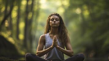 ai gegenereerd mooi jong vrouw aan het doen yoga in de natuur, yoga tijd in de natuurlijk, vrouw ontspannende in de natuur, mooi vrouw aan het doen yoga oefening foto