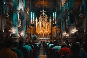 ai gegenereerd zonlicht streaming door kerk gedurende onderhoud met ai gegenereerd. foto