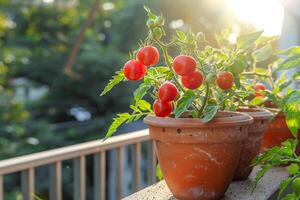 ai gegenereerd rijp tomaten groeit in terras tuin pot met ai gegenereerd. foto