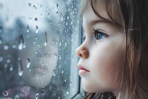 ai gegenereerd contemplatief jong meisje op zoek door regenachtig venster. foto