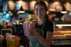 ai gegenereerd gelukkig werknemer portie popcorn Bij bioscoop. foto