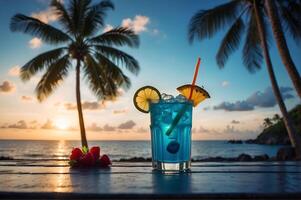 ai gegenereerd een blauw Hawaii cocktail Aan een houten tafel Bij zonsondergang Aan een tropisch eiland. foto