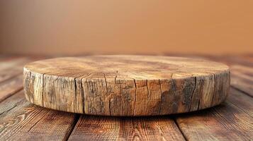 ai gegenereerd een houten ronde tafel Aan een houten tafel foto