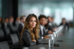 ai gegenereerd jong Kaukasisch vrouw deelnemen in een zakelijke bord vergadering met collega's. foto