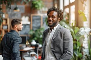 ai gegenereerd jong Afrikaanse ondernemer glimlachen vol vertrouwen in een modern gewoontjes kantoor ruimte met collega's in de achtergrond. foto