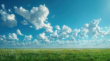 ai gegenereerd groen gras veld- hieronder blauw lucht foto