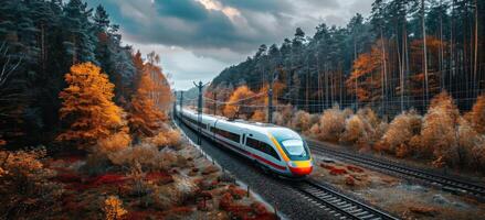 ai gegenereerd een luxe snel trein op reis door een Woud met een bewolkt lucht foto