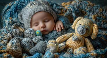 ai gegenereerd een pasgeboren in slaap met speelgoed verpakt in de omgeving van hem foto