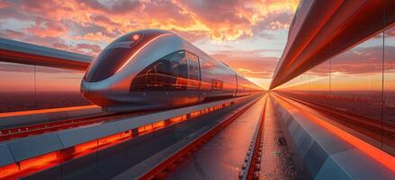 ai gegenereerd een trein met een bewolkt lucht is op reis Aan een rood bijhouden foto