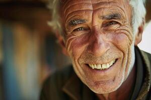 ai gegenereerd portret van een glimlachen ouderen Mens in natuurlijk licht foto