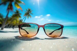 ai gegenereerd detailopname van zonnebril Aan een zonnig tropisch strand met Doorzichtig blauw lucht foto