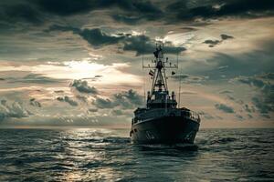 ai gegenereerd leger schip in de zee foto