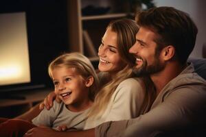 ai gegenereerd een gelukkig familie in de leven kamer. ai gegenereerd foto