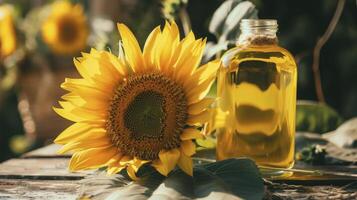 ai gegenereerd een zonnebloem bloem en een fles van zonnebloem olie foto