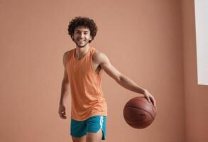 ai gegenereerd een basketbal speler in beweging, gefocust Aan dribbelen de bal met een speels houding. foto