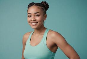 ai gegenereerd een glimlachen jong vrouw in een tank top poses terloops, haar vreugde is zichtbaar en besmettelijk. foto