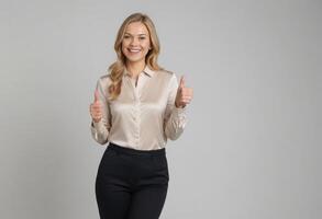 ai gegenereerd een stralend vrouw in bedrijf kleding geeft twee duimen omhoog, haar helder glimlach suggereren succes en tevredenheid. foto