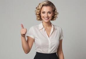 ai gegenereerd een vrouw met wijnoogst kapsel in een blouse en rok, glimlachen en geven een duimen omhoog. haar retro kijken voegt toe een klassiek charme naar de goedkeuring teken. foto