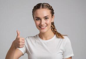 ai gegenereerd een jong vrouw met gevlochten haar- geven een duimen omhoog teken. haar vrolijk uitdrukking en gewoontjes t-shirt geven uit een vriendelijk uitstraling. foto