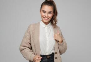 ai gegenereerd een glimlachen vrouw in een beige Cardigan geven een duimen omhoog. vertegenwoordigt positiviteit en benaderbaarheid. foto