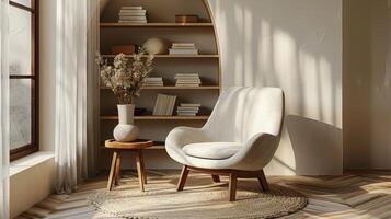 ai gegenereerd een knus lezing hoekje met een comfortabel stoel, een klein kant tafel, en een minimalistische boekenplank foto