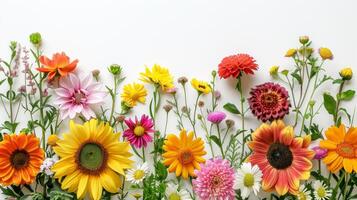 ai gegenereerd een minimalistische arrangement van helder zomer bloemen Leuk vinden zonnebloemen en madeliefjes foto