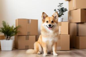 ai gegenereerd een hond zittend in voorkant van in beweging dozen in modern appartement foto