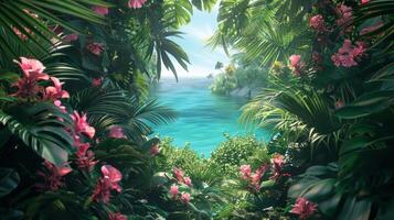 ai gegenereerd een minimalistische samenstelling van een tropisch paradijs, met weelderig groen, exotisch bloemen foto