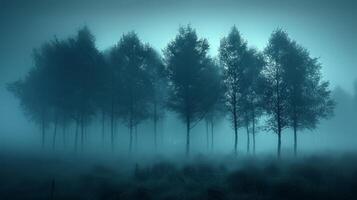 ai gegenereerd een minimalistische fotograaf vastleggen een nevelig Woud, waar hoog bomen vervagen in de mist foto