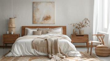 ai gegenereerd een knus slaapkamer met een minimalistische Scandinavisch ontwerp, met een wit bed foto