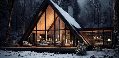 ai gegenereerd een houten cabine Aan de sneeuw gedekt bossen foto