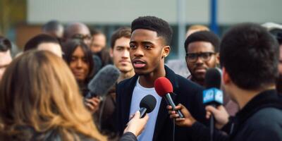 ai gegenereerd een jong Afrikaanse Amerikaans Mens spreekt naar verslaggevers in voorkant van mensen foto