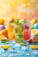 ai gegenereerd een minimalistische arrangement van kleurrijk zomer drankjes Leuk vinden limonade en fruit smoothies foto