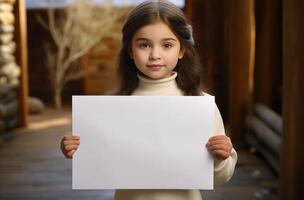 ai gegenereerd jong meisje Holding een blanco wit papier in de buurt verven foto