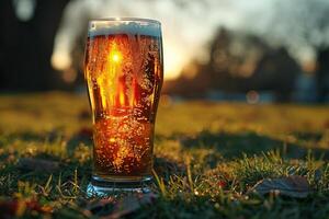 ai gegenereerd een bier glas is zittend in de gras buiten een stadion foto
