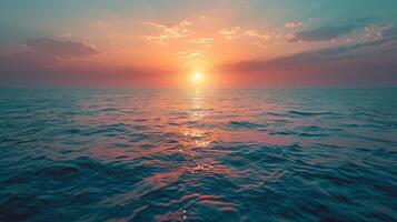 ai gegenereerd zonsondergang Aan de horizon, met de zon gieten een warm gloed over- de lucht en de zee foto