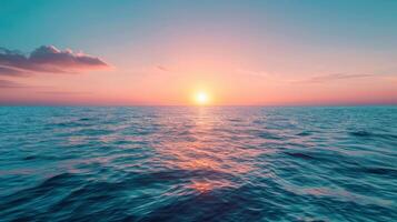 ai gegenereerd zonsondergang Aan de horizon, met de zon gieten een warm gloed over- de lucht en de zee foto