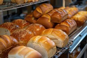 ai gegenereerd geassorteerd bakkerij producten inclusief broden van brood en broodjes. foto