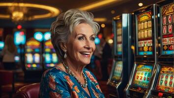 ai gegenereerd mooi ouderen vrouw spelen casino sleuf machine foto