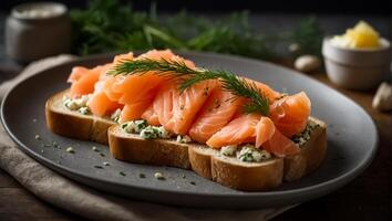 ai gegenereerd brood met vers Zalm gesneden heerlijk Zalm Aan een bord foto