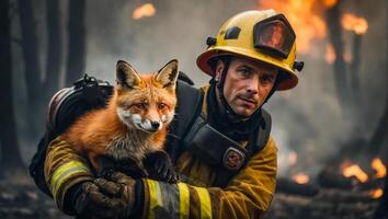 ai gegenereerd Mens brandweerman houdt een gered vos in haar armen dieren in het wild foto